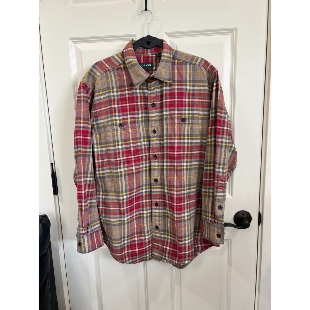 Orvis Perfect Flannel Long Sleeve Button Down Shirt Red Gray Yellow Size Large
